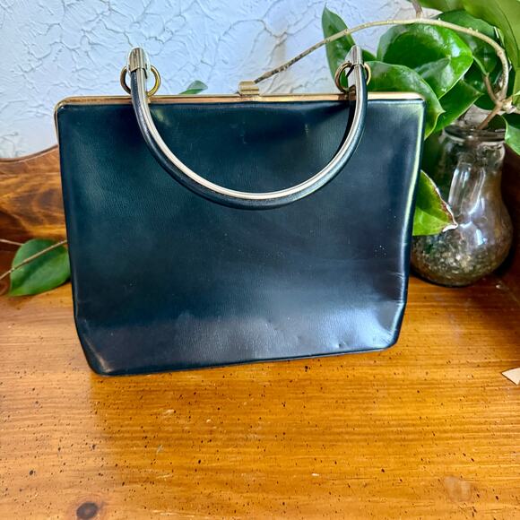 Source Unknown Handbags - Vintage Black Structured Handbag Gold Frame Top Handle Purse 50s/60s Mod Kelly